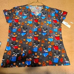 Reindeer, gingerbread men, coffee, Christmas scrub top